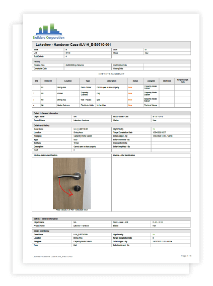 Construction defect management PDF export