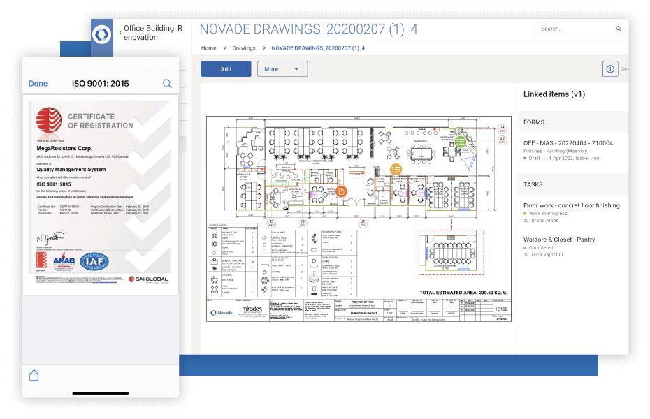 Novade Lite construction checklist app on desktop