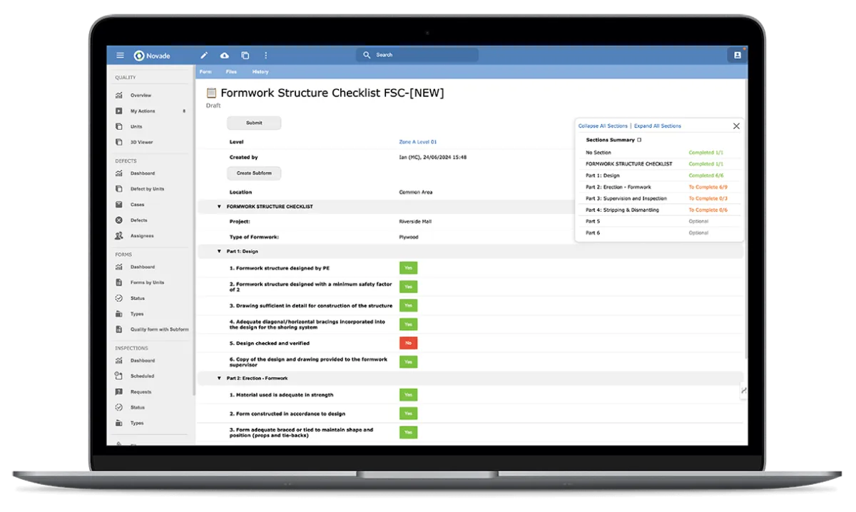 Novade construction quality checklist form showing formwork structure inspection items