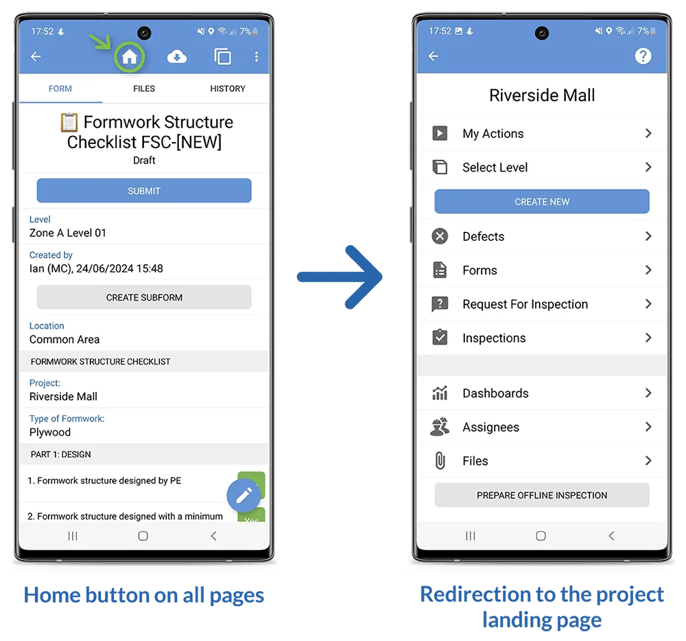 Novade home button navigation feature redirecting to project landing page on mobile